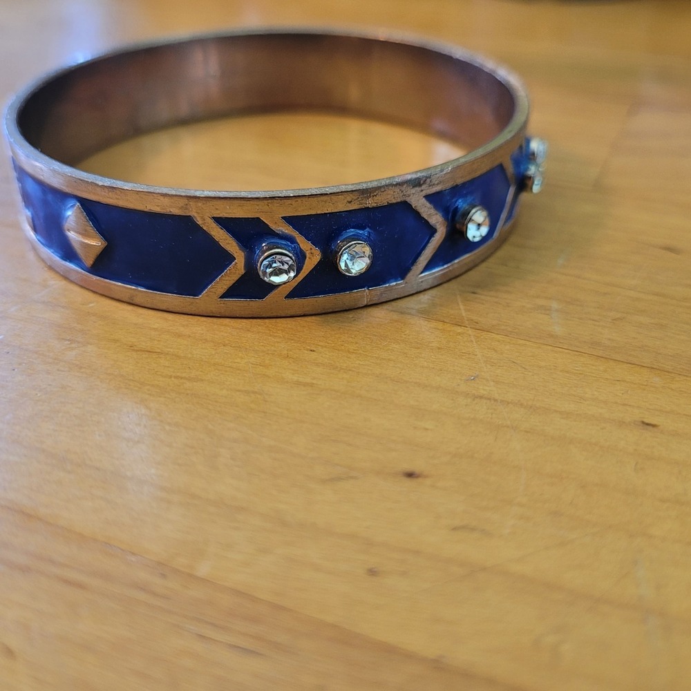 Vintage Blue Enamel Rhinestone Geometric Bangle Bracelet Brass Tone 42g